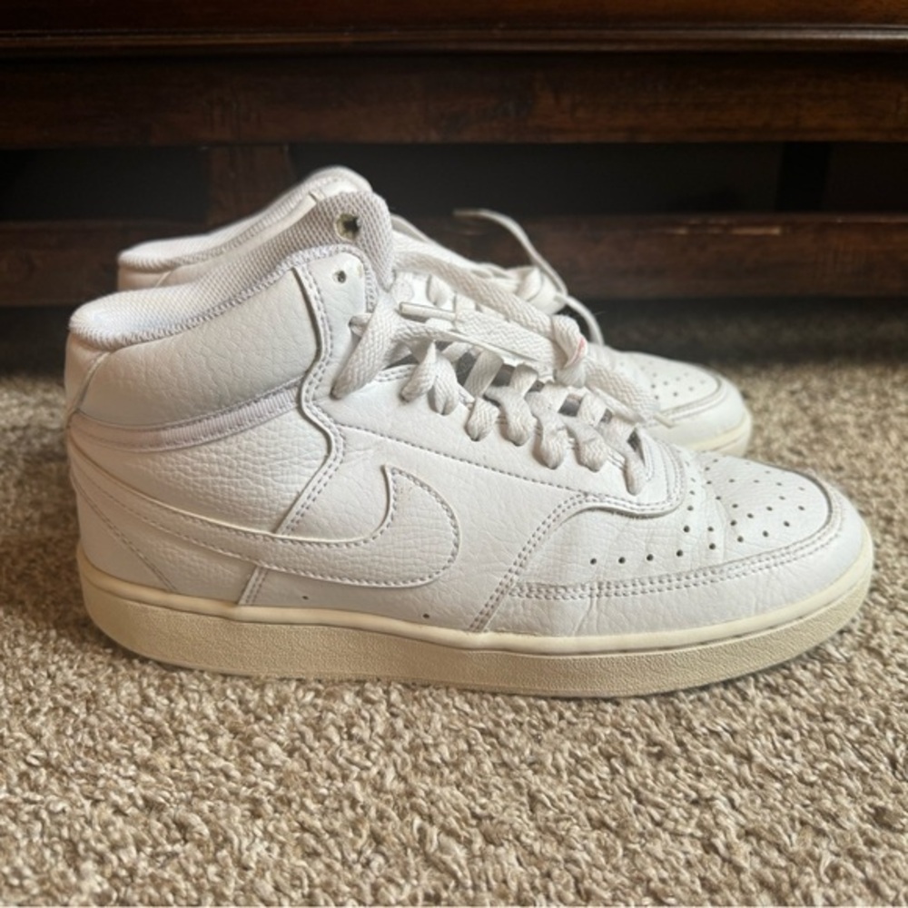 Nike Court Vision Womens Mid Triple White Athleisure Streetwear Sneaker Casual